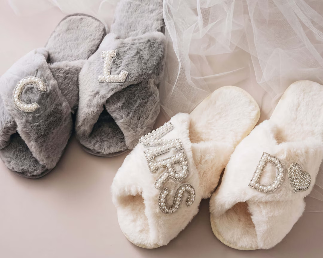 Pearls Bride Fluffy Slippers | Rhinestone Mrs Slippers | Custom Bridal Shower Gift | Bachelorette... | Etsy (US)