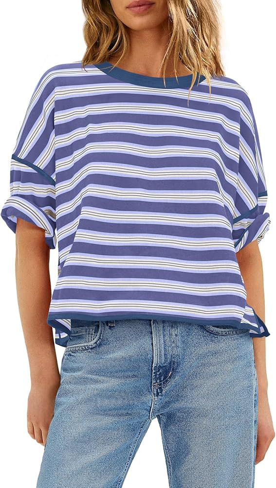 Yanekop Womens Oversized Shirts Striped Half Sleeve Tops Casual Summer Crew Neck T Shirts Basic T... | Amazon (US)