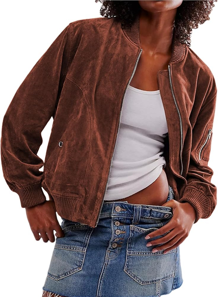 Mingzhu Womens Faux Suede Bomber Jacket Ribbed Collar Zip Up Leather Cropped Jacket Fashion Coat ... | Amazon (US)