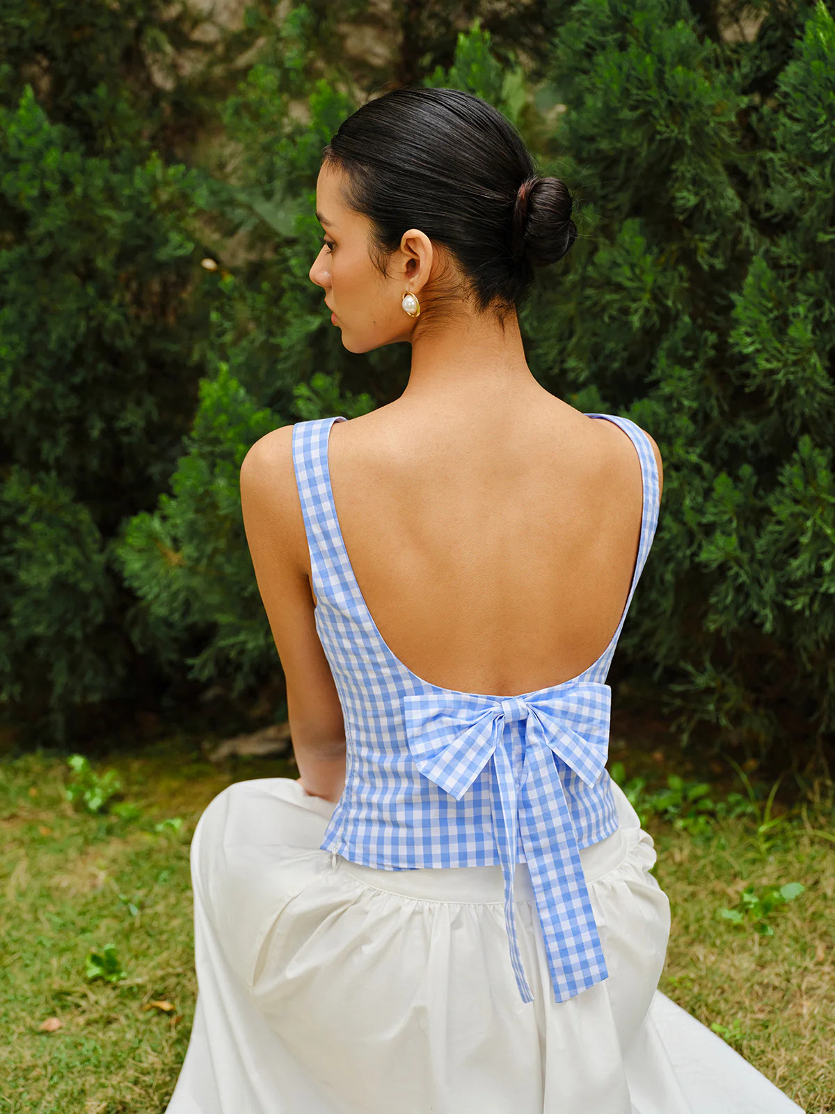 Checkerboard Bow Back Crop Top | Commense