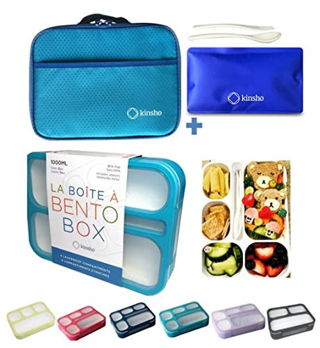 Bento-Box with Bag and Ice Pack Set. Lunch Boxes Snack Containers for Kids Boys Girls Adults. 6 Compartments, Leakproof Portion Container Boxes Insulated Bags for School Lunches, Blue | Amazon (US)