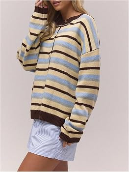 SOLY HUX Women's Striped Cardigan Sweater Color Block Button Down Long Sleeve Drop Shoulder Overs... | Amazon (US)