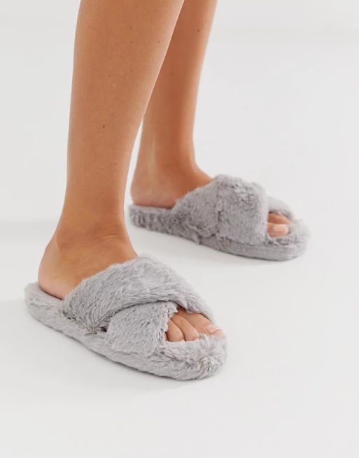 ASOS DESIGN Neve cross strap slider slippers in gray | ASOS US