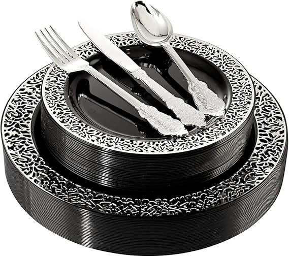 WELLIFE 125PCS Black Plastic Plates, Disposable Sliver Plastic Cutlery Set, Silver Lace Design Pl... | Amazon (US)