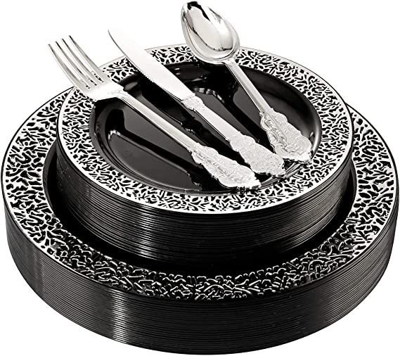 WELLIFE 125PCS Black Plastic Plates, Disposable Sliver Plastic Cutlery Set, Silver Lace Design Pl... | Amazon (US)