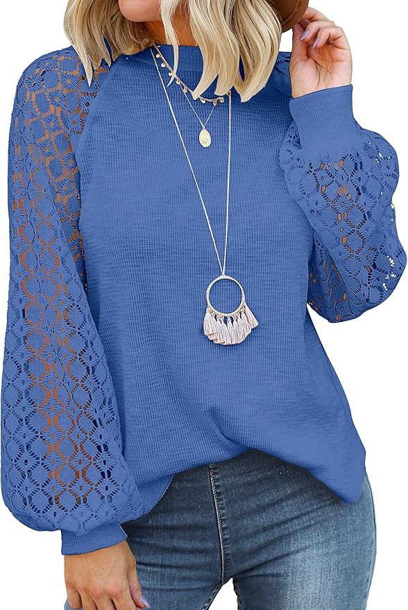 MIHOLL Women’s Long Sleeve Tops Lace Casual Loose Blouses T Shirts | Amazon (US)