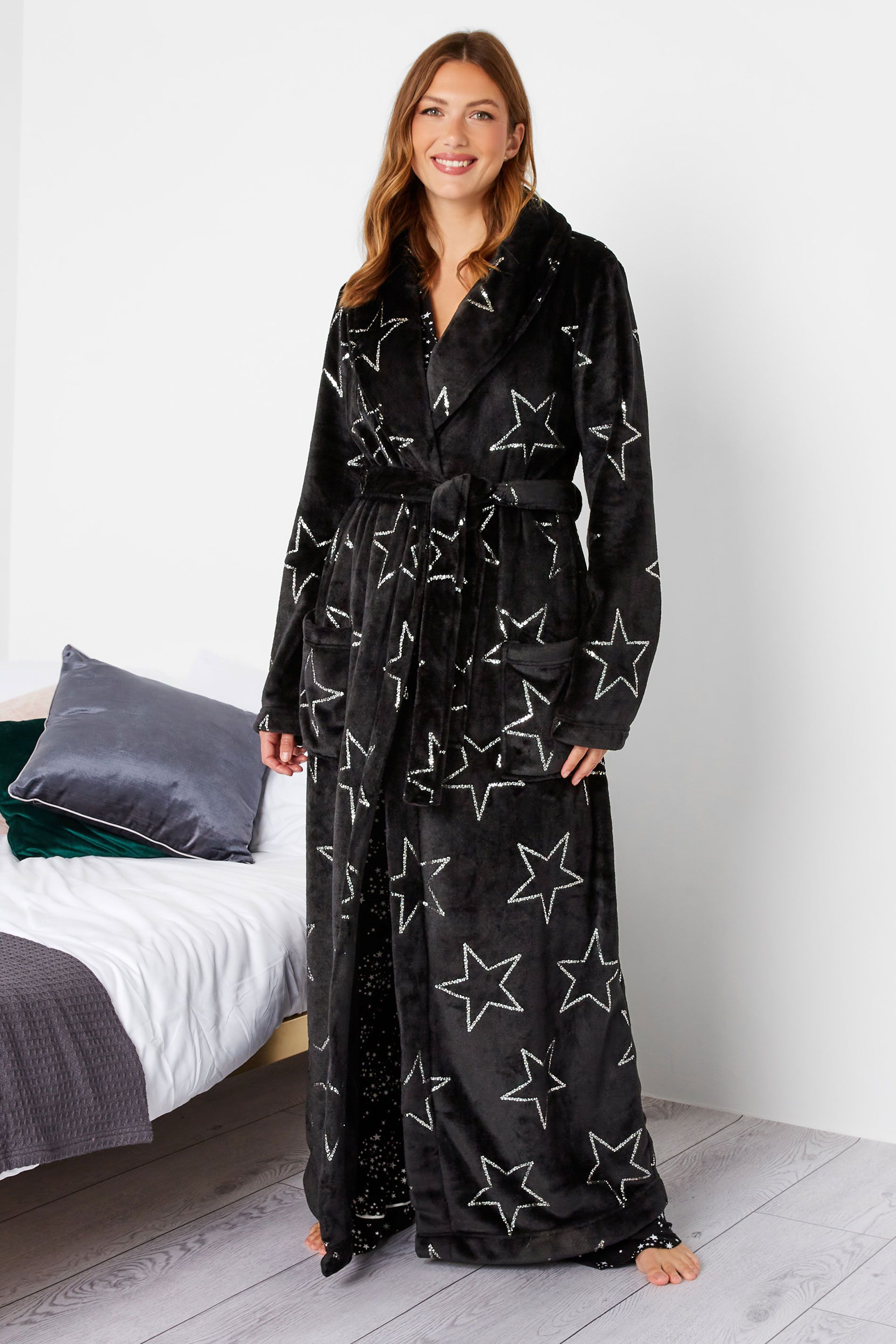 LTS Tall Black Foil Star Print Maxi Dressing Gown | Long Tall Sally