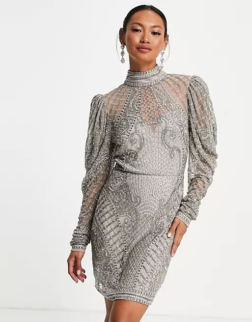 ASOS EDITION crystal beaded mini dress with blouson sleeve in pale gray | ASOS (Global)