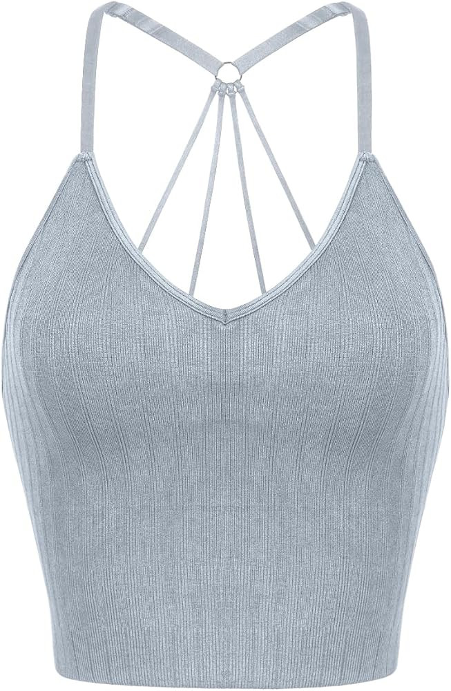 ODODOS Seamless Padded Sports Bra for Women Strappy Longline Wirefree Brami Ribbed Crop Tank Tops | Amazon (US)