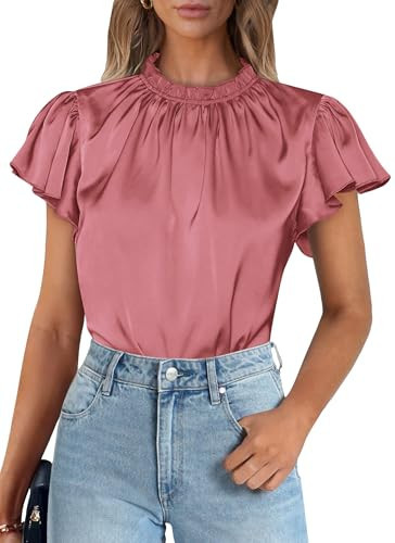 PRETTYGARDEN Business Casual Tops for Women Blouses Dressy 2025 Summer Short Sleeve Ruffle Satin Work Office Attire (Dusty Pink,XX-Large) | Amazon (US)