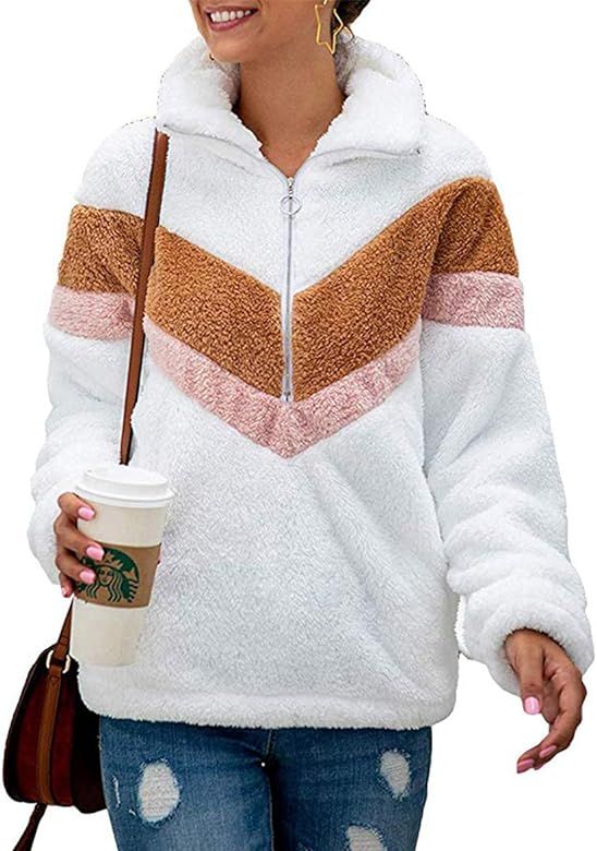 Women's Warm Long Sleeve Lapel Zipper Color-Block Striped Fuzzy Fleece Pullover Sherpa Sweatshirt... | Amazon (US)