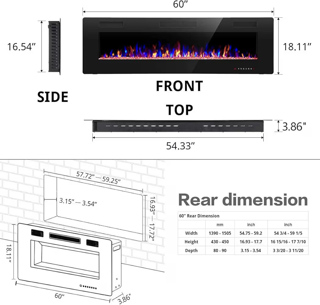 R.W.FLAME 60" Recessed and Wall Mounted Electric Fireplace, Low Noise, Fit for 2 x 6 Stud, Remote... | Amazon (US)
