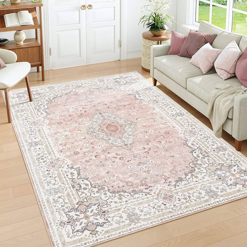 Pink 5x7 Area Rugs for Living Room, Washable Vintage Boho Rug Non Slip for Bedroom Kitchen Office... | Amazon (US)