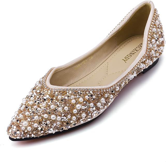 Women's Rhinestone Flats Fashion Pointed Toe Pearl Diamond Low Heel Dress Wedding Flats Work Busi... | Amazon (US)