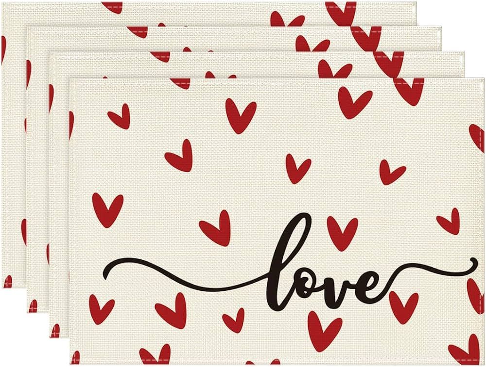Artoid Mode White Love Valentine's Day Placemats Set of 4, 12x18 Inch Seasonal Anniversary Holida... | Amazon (US)