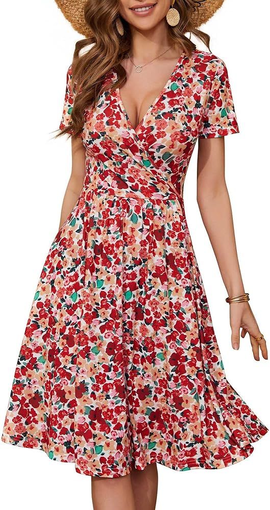 GUBERRY Women's Summer Casual Short Sleeve Wrap V Neck Floral Dress with Pockets | Amazon (US)