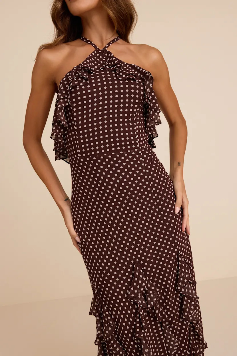 Casey Brown Polka Dot Halter Ruffled Maxi Dress | Lulus