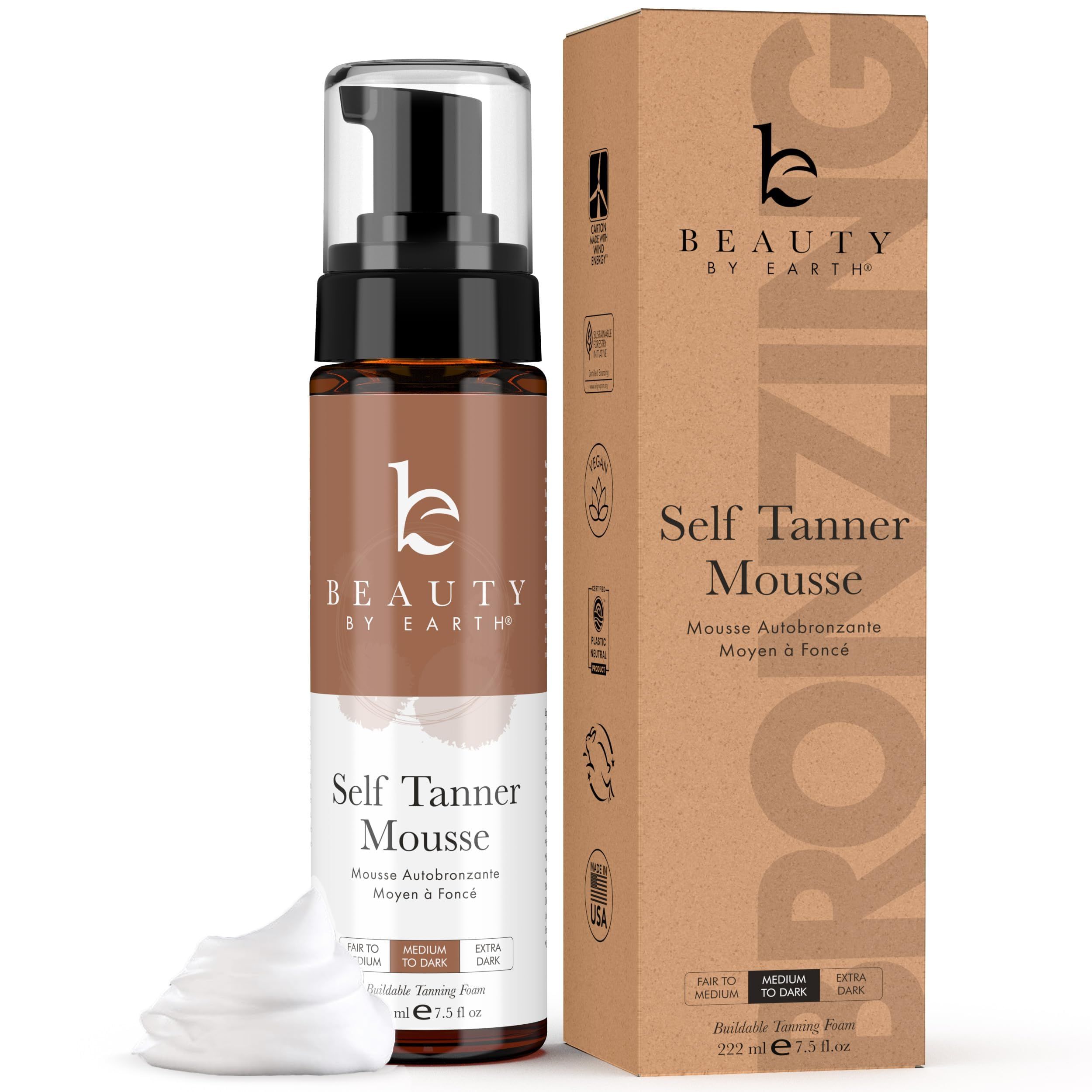 Beauty by Earth Self Tanner Mousse - Medium to Dark Gradual Self Tanner Foam, Sunless Tanner, Nat... | Amazon (US)