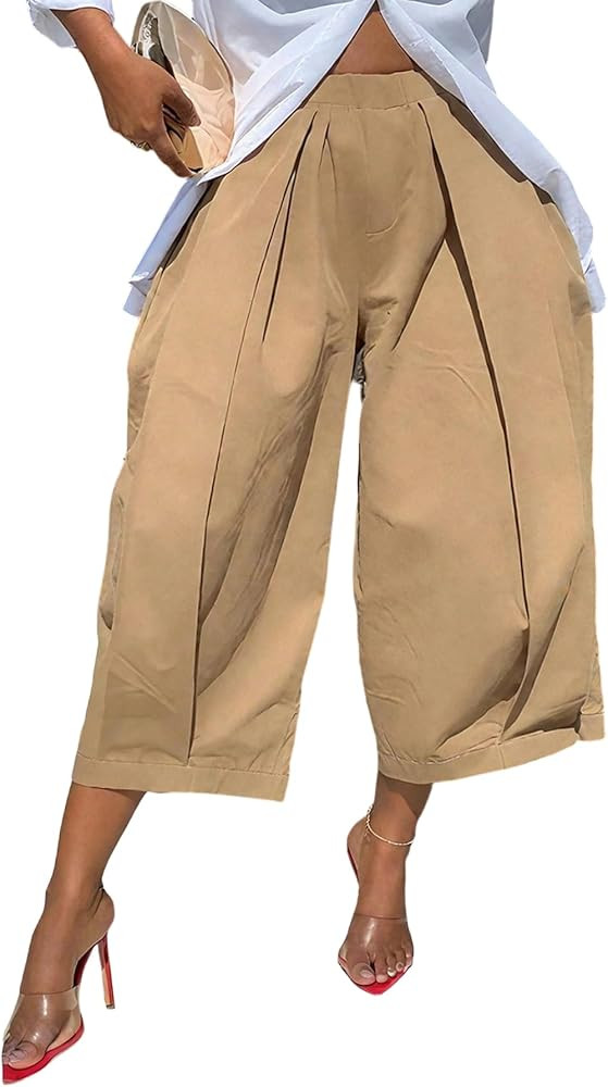 DINGANG Women's Wide Leg Capri Pants High Waisted Pleated Cropped Trousers Ankle Casual Palazzo P... | Amazon (US)