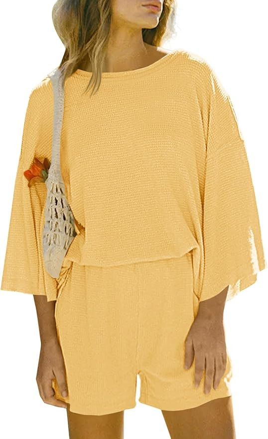 Tankaneo Womens Short Sets 2 Piece Outfits 3/4 Sleeve Tops and Elastic Waist Shorts Lounge Set Ca... | Amazon (US)