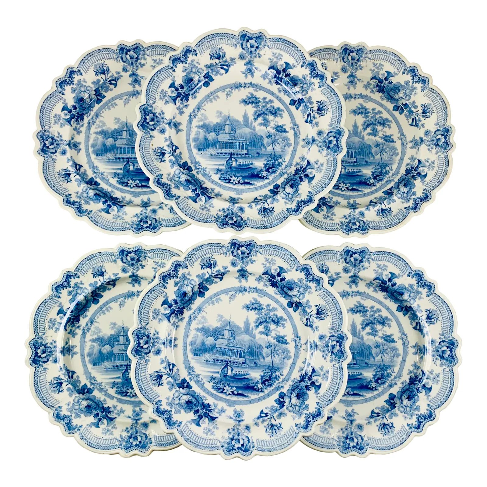 British Theme ‘Royal Sketches’ Blue Transferware Dinner Plates, Set/6 | Chairish