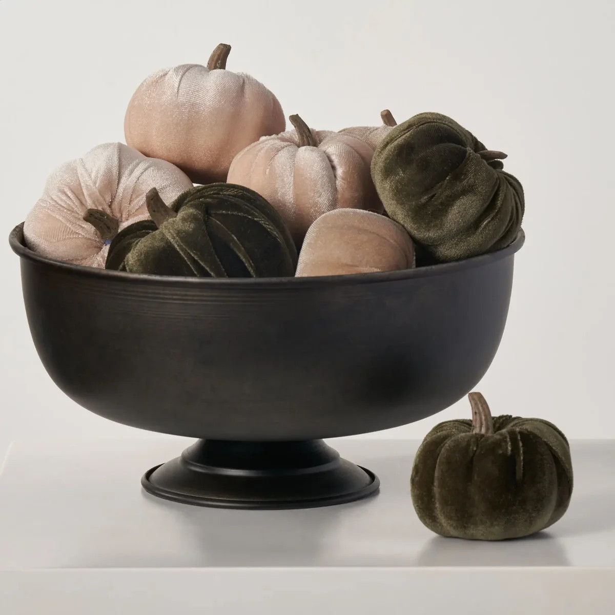 Moss Green & Ivory Luxury Velveteen Classic Fall Harvest Mini Pumpkin Box Set of 10 | Darby Creek Trading