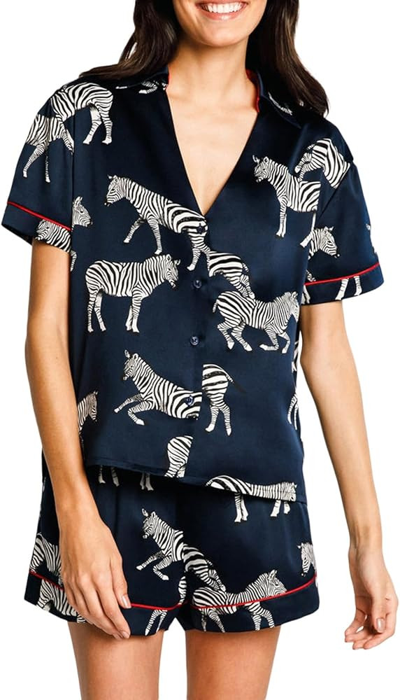 Women Cute Animal Print Pajama Set Short Sleeve Button Down Shirt Lounge Shorts Set Y2k Cartoon 2... | Amazon (US)