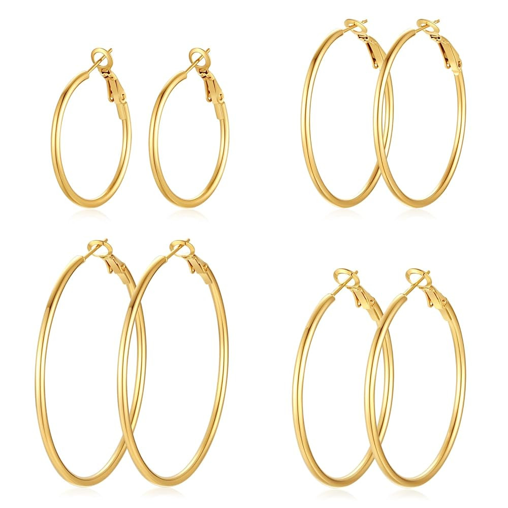 4 Pairs Silver Gold Hoop Earrings for Women | 14K Gold Plated Hoop Earrings Set Hypoallergenic Ea... | Amazon (US)