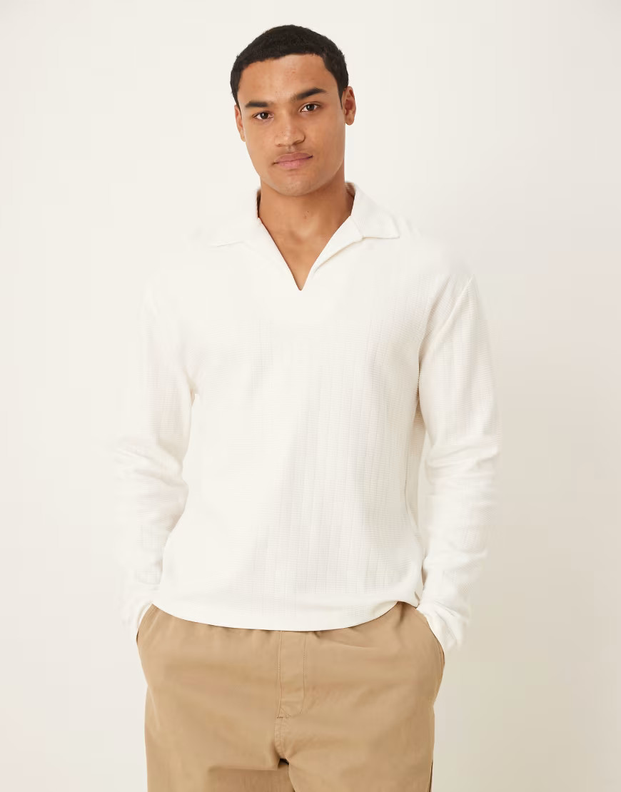 ASOS DESIGN relaxed long sleeve polo in cream texture-White | ASOS (Global)