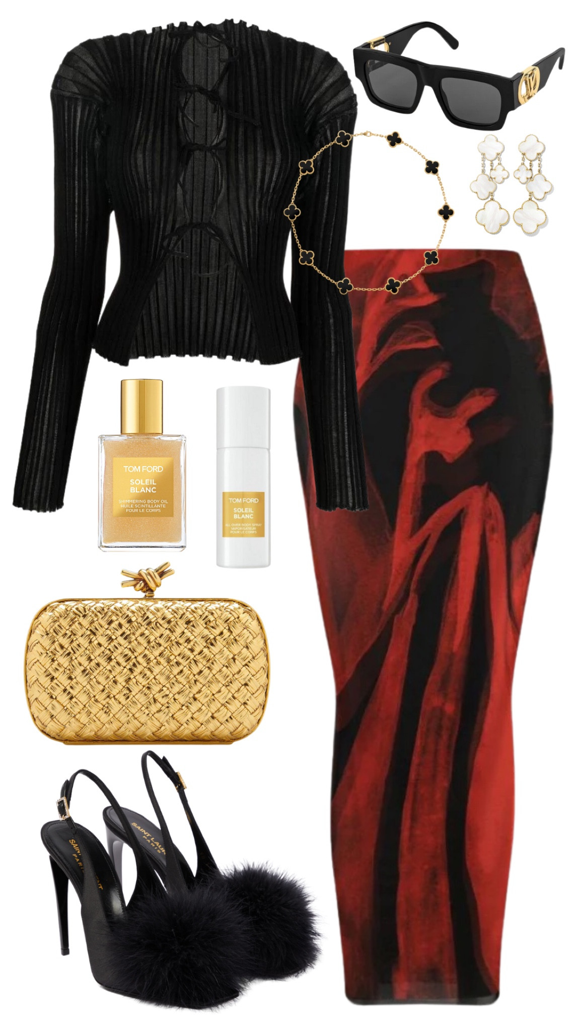 a. roege hove
louisa ballou skirt
saint laurent heels 
bottega veneta bag 
louis vuitton sunglasses 
tom ford soleil blanc body spray 
tom ford soleil black shimmering body oil
van cleef & arpels necklace & earrings 

#LTKsalealert #LTKstyletip #LTKFind