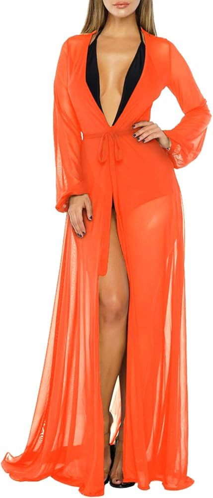 Pink Queen Women's Long Sleeve Flowy Maxi Swimsuit Tie Front Robe Cover Up Kimono Cardigan Beach ... | Amazon (US)