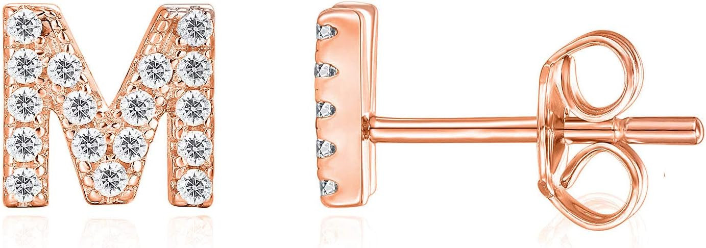 PAVOI 925 Sterling Silver, 14K Gold Plated, CZ Simulated Diamond Stud Earrings Fashion Alphabet L... | Amazon (US)