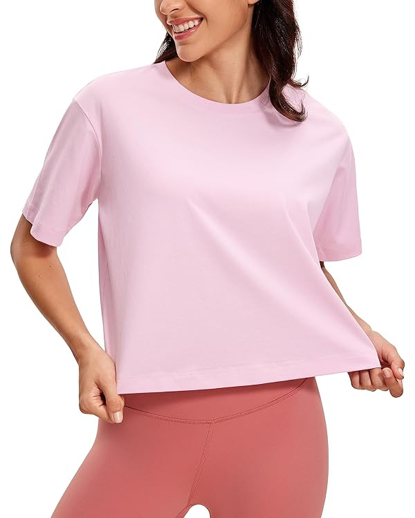 CRZ YOGA Womens Loose Fit Cotton Polyester Short Sleeve Shirts Crop Tops Casual Workout T-Shirts | Amazon (US)