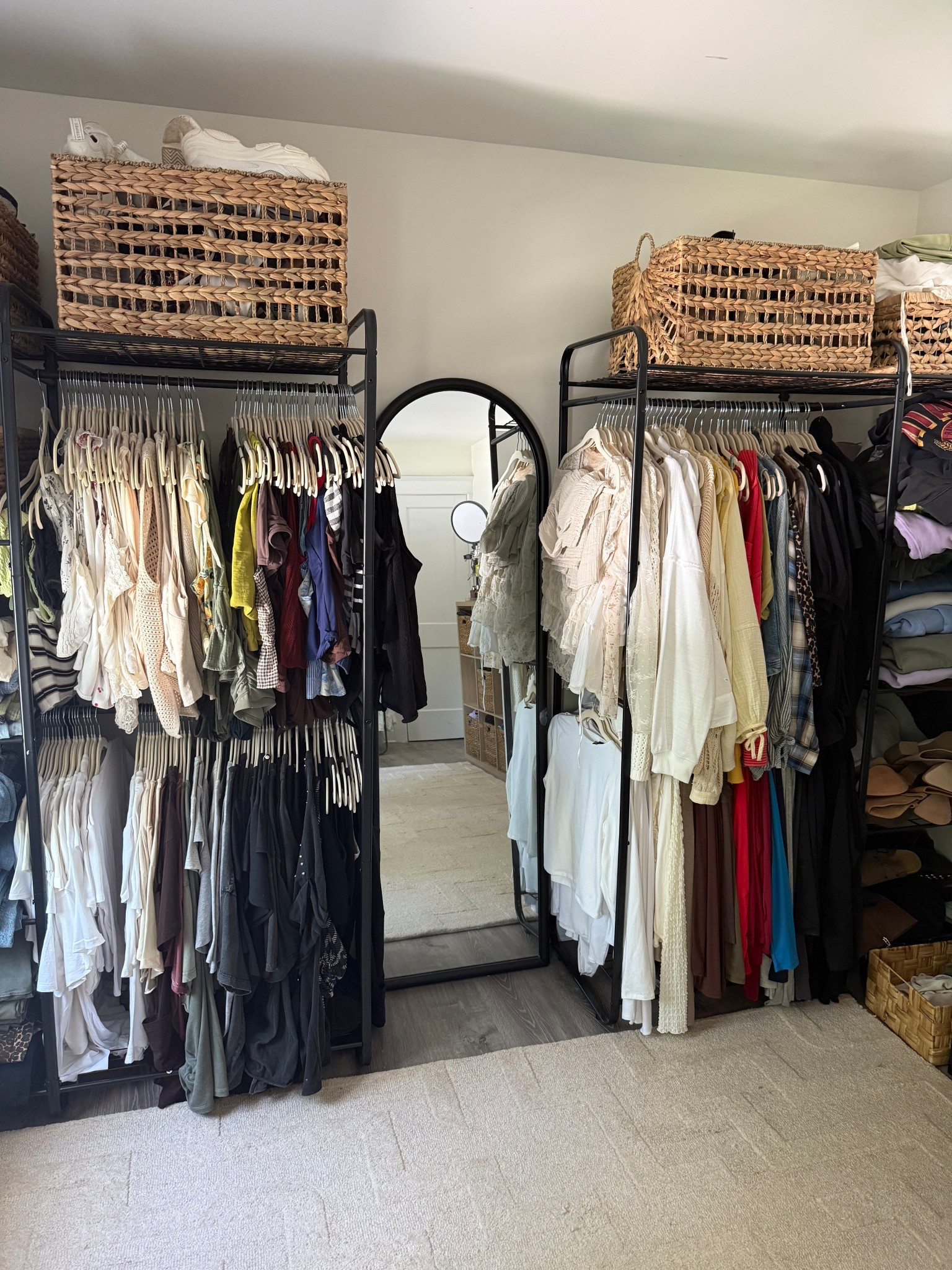 Closet Reveal - 

How I store all the clothes!! Racks are sturdy and hold tons of clothes, baskets are HomeGoods (linked similiar), hangers are velvets from Amazon and keep everything hanging without a slip!

Closet space, space saving, closet inspo, clothing racks, shoe storage, clothing storage, target, Amazon, organized clothes, organized closet.

#LTKMidsize #LTKHome #LTKFindsUnder100