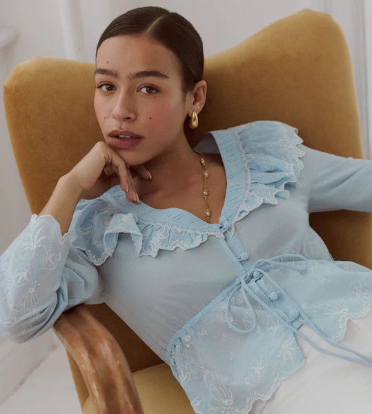 The Zoya Top - Powder Blue with White Embroidery | Hill House Home US