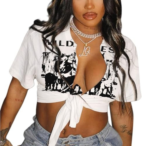 LovelyWholesale Graphic Crop Tops for Women Sexy Tie Up Shirt Summer Short Sleeve V Neck T Shirt White Black Small | Amazon (US)