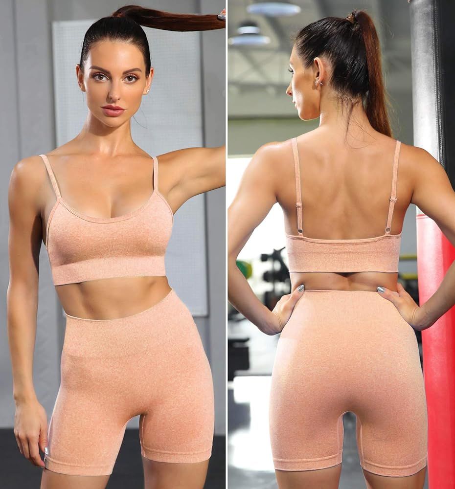 Seamless Workout Sets for Women 2 Piece Outfits High Waist Yoga Shorts Adjustable Padded Sports Bra  | Amazon (US)