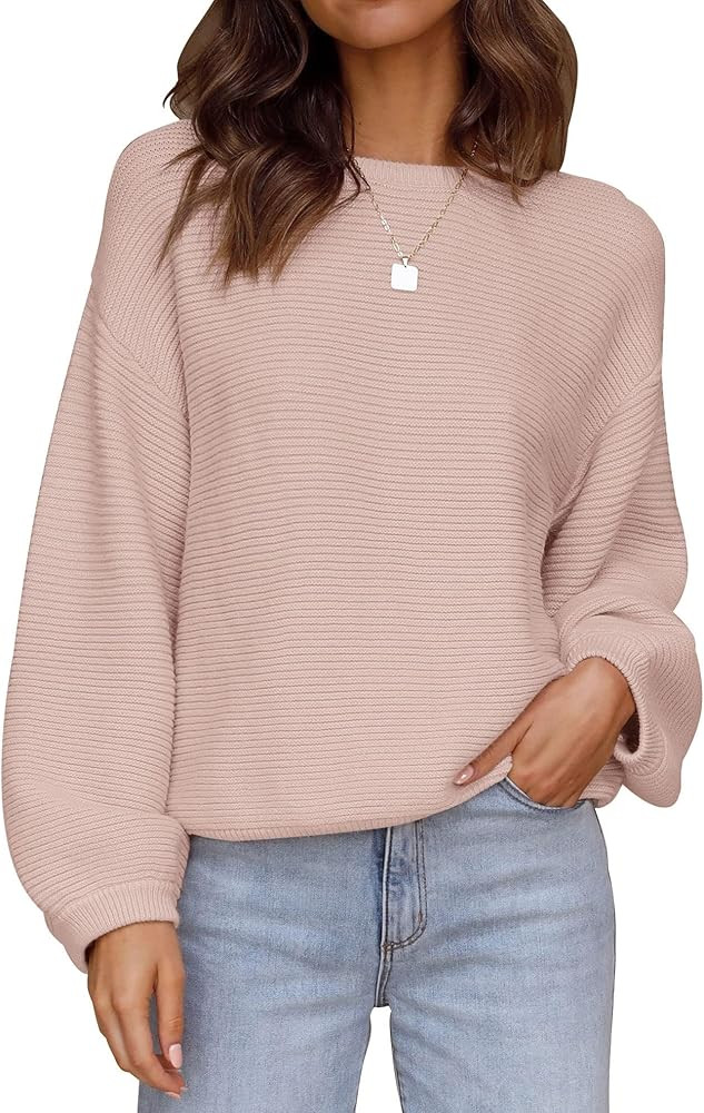 ZESICA Women's 2023 Crew Neck Long Lantern Sleeve Casual Loose Ribbed Knit Solid Soft Pullover Sw... | Amazon (US)