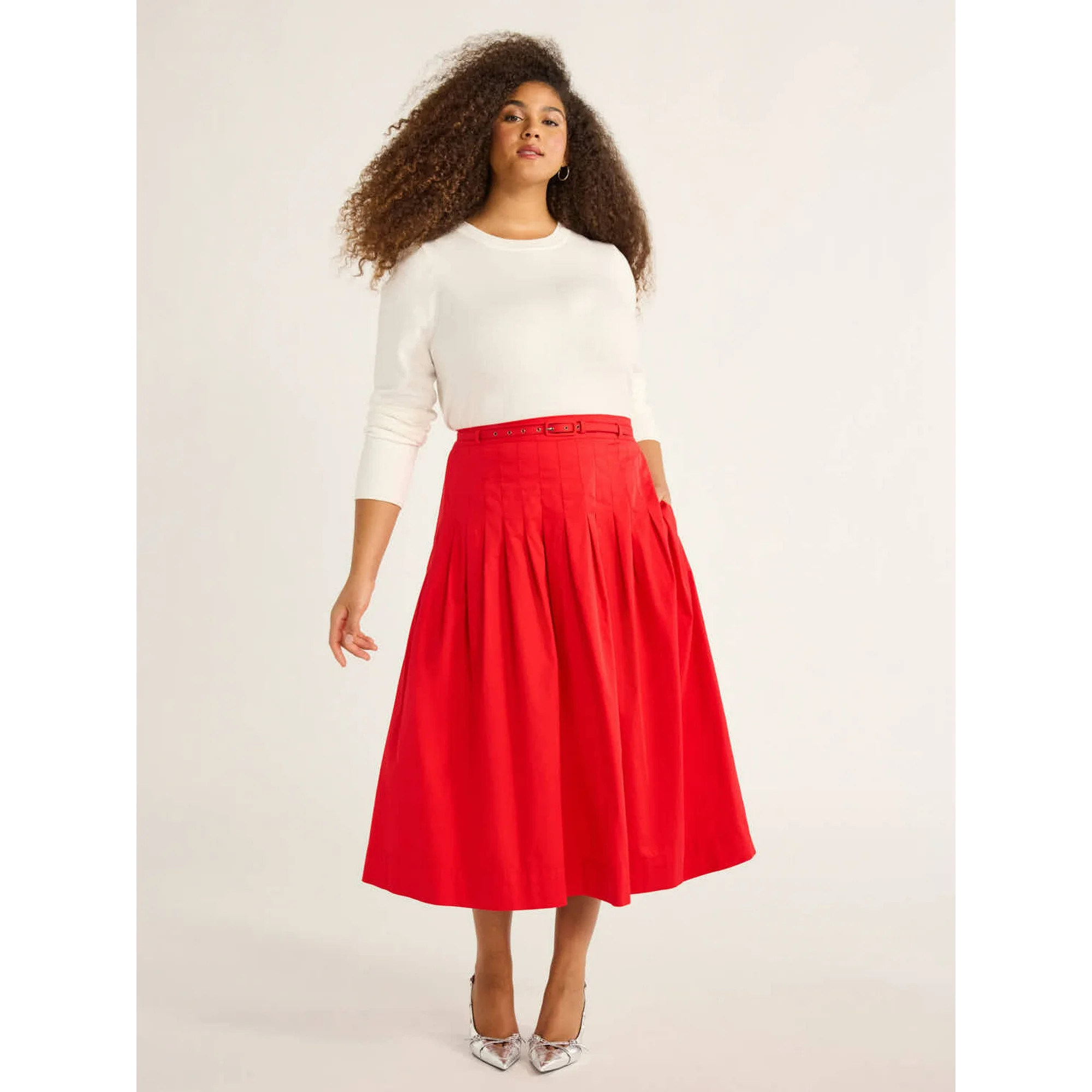 Free Assembly Women's Belted Cotton Pleated Midi Skirt, Sizes XS-4X | Walmart (US)