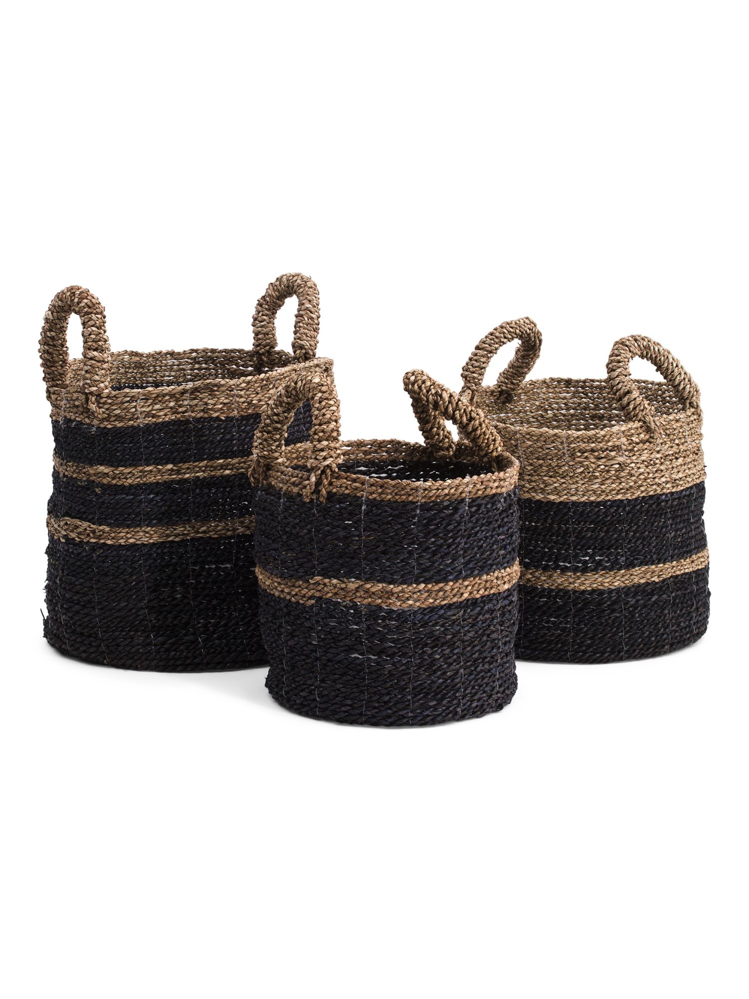 Round Seagrass Black And Natural Color Striped Basket Collection | TJ Maxx