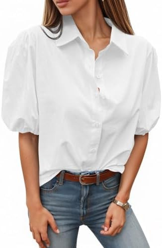 Tankaneo Women's Button Down Shirts Short Puff Sleeve Collared Dressy Casual Blouse Tops | Amazon (US)