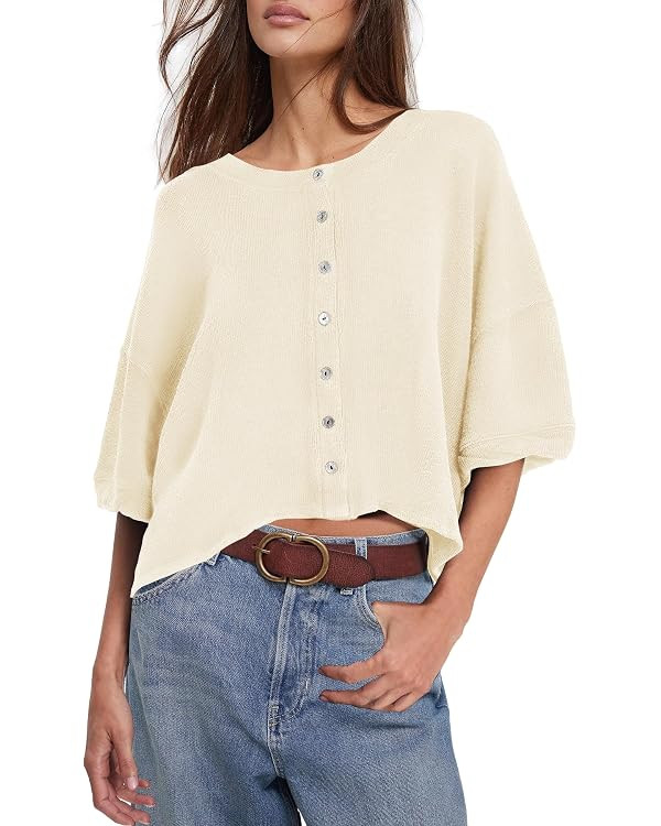 Womens Cropped Cardigan Short Sleeve Cardigan Button Up Lightweight Cardigans Oversized Button Do... | Amazon (US)