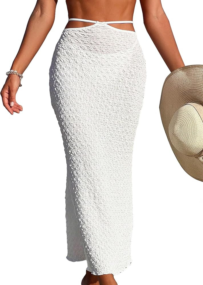 SweatyRocks Women's Textured Cut Out Cover Up Skirt Slim Fit Tie Back Long Beach Skirts | Amazon (US)