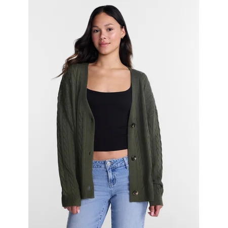 No Boundaries Cable Knit Grandpa Cardigan, Women's and Women's Plus XXS-4X | Walmart (US)