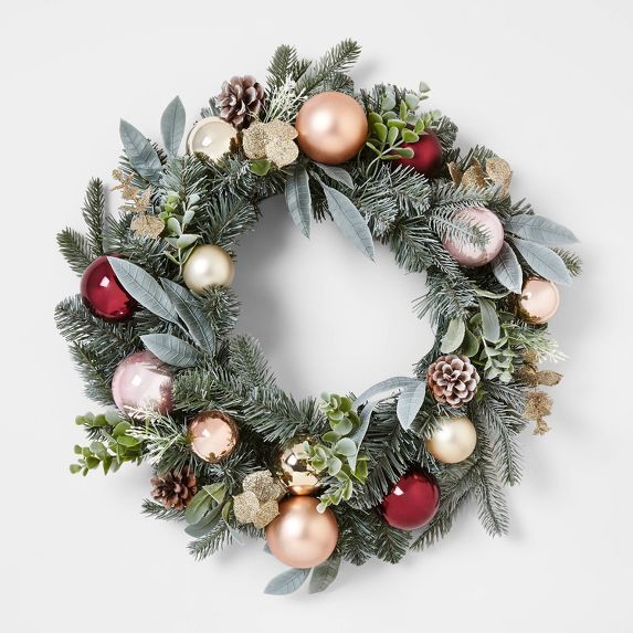22in Mixed Artificial Pine Christmas Wreath with Shatterproof Ornaments Gold, Burgundy &#38; Blus... | Target