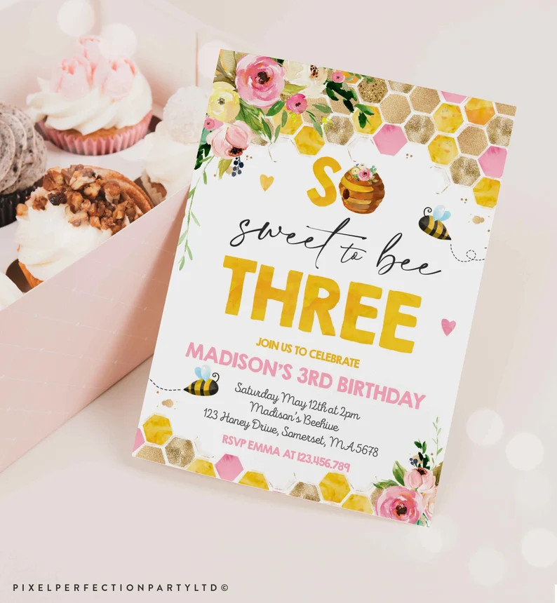 Editable Bee Birthday Invitation Honey Bee Birthday Pink Yellow Floral Bumble Bee Party So Sweet ... | Etsy (US)