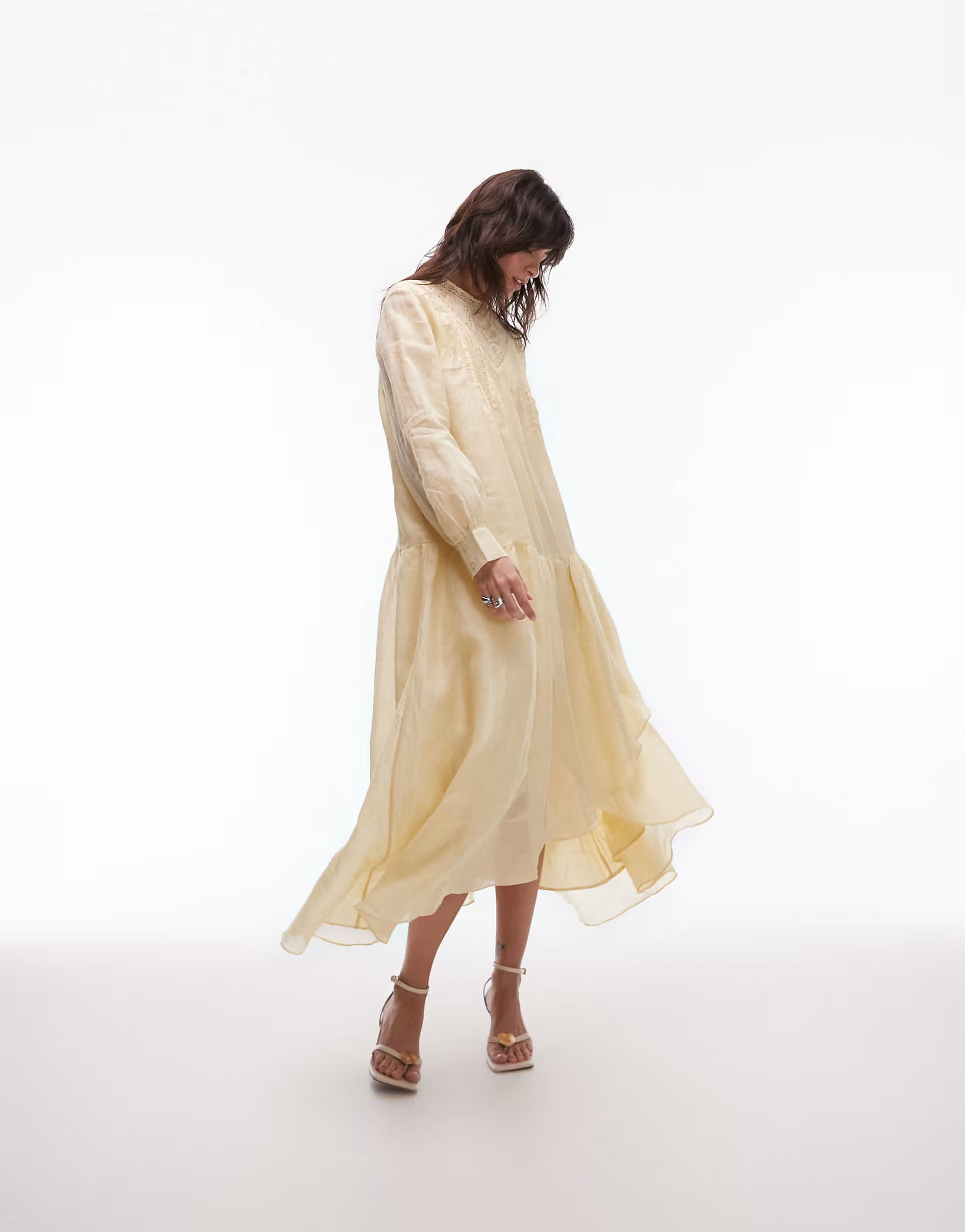 & Other Stories textured volume maxi dress with lace details and tiered ruffles in butter yellow ... | ASOS (Global)