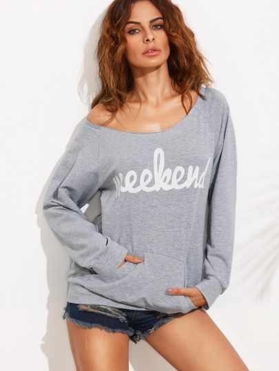 Grey Letter Print Pocket Long Sleeve Sweatshirt | SHEIN