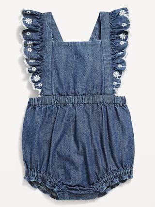 Ruffled Cross-Back Jean One-Piece Romper for Baby | Old Navy (US)