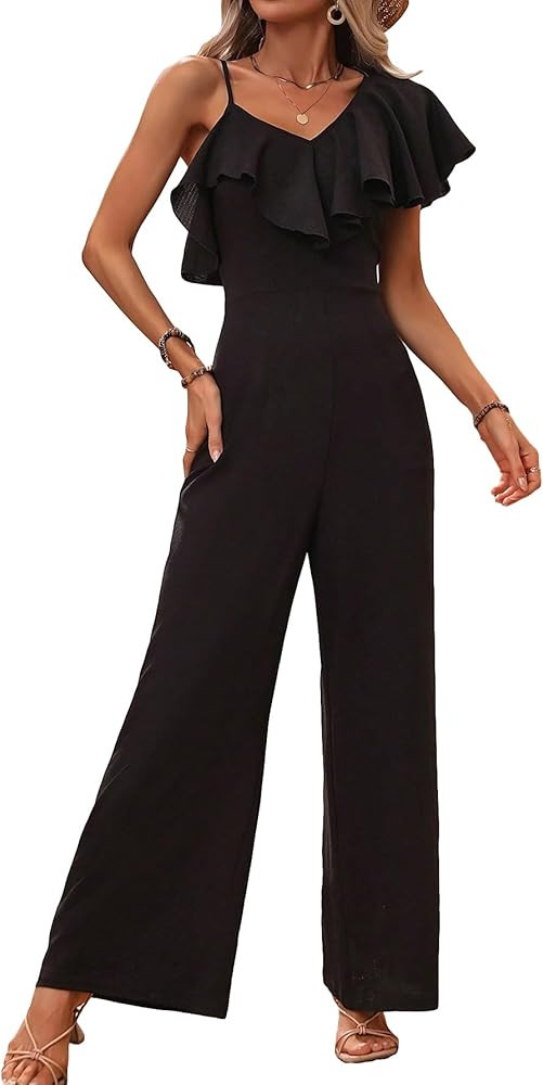 WDIRARA Women's Ruffle Trim Asymmetrical Neck Sleeveless High Waist Casual Jumpsuit Wide Leg Pant... | Amazon (US)